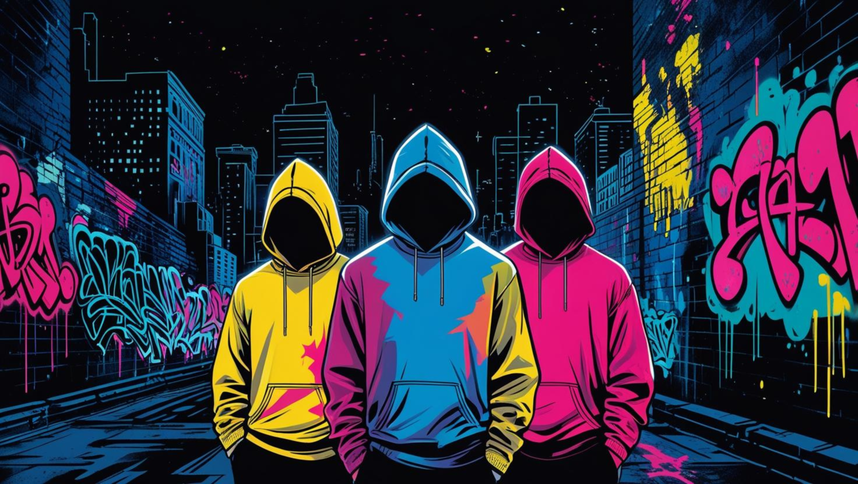 Three people wearing colorful hoodies in a graffiti-covered urban street at night.